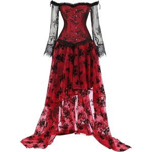 NWT Beautiful Red & Black Halloween Costume Corset Steampunk Gothic Salo…
